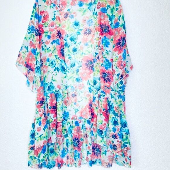 Like New Lily White Boho Sheer Floral Ruffle Kimono-Size M - Picture 1 of 6